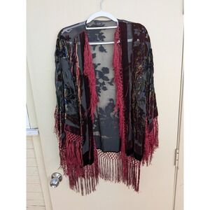 Kirks Folly Velvet Burnout Embellished Kimono Burgundy Floral Fringe Sheer